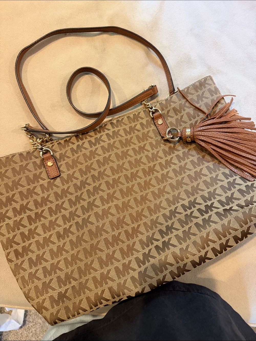 Michael Kors Brown MK Logo Crossbody Tote with Tassel Charm